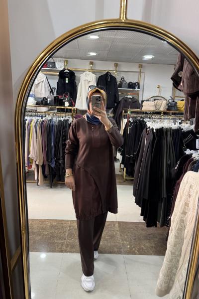 FERMUAR DETAYLI BÜYÜK BEDEN PANTOLONLU TAKIM Kahverengi