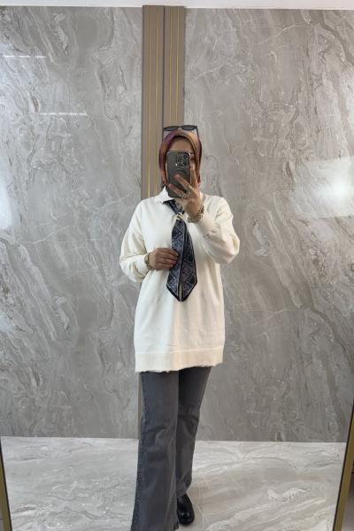 FULARLI TRİKO TUNİK Krem