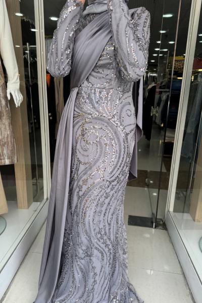 GRİ İŞLEMELİ SATEN DETAYLI ABİYE Gri