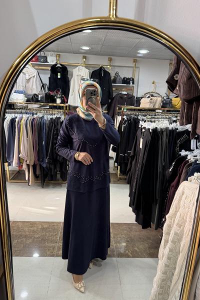 İNCİ İŞLEMELİ ETEKLİ TAKIM Lacivert