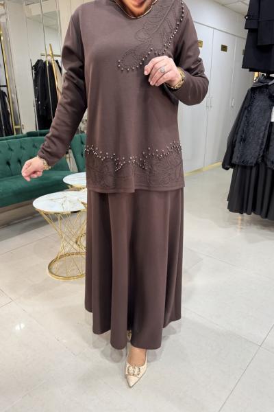 İNCİ İŞLEMELİ ETEKLİ TAKIM Kahverengi