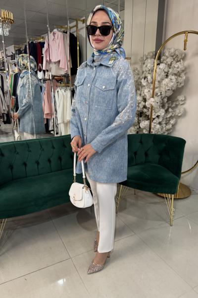 İNCİ VE TAŞ DETAYLI KOT CEKET Mavi