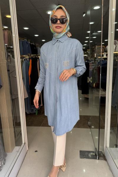 İNCİLİ UZUN KOT GÖMLEK Mavi