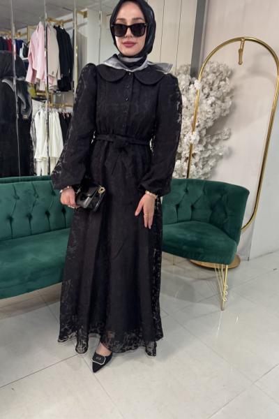 İNDİGO DIŞI TÜL İÇİ ASTARLI DESENLİ ELBİSE Siyah