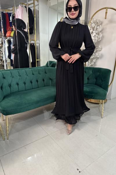 İNDİGO SİYAH RENK PLİSELİ KEMERLİ ELBİSE Siyah