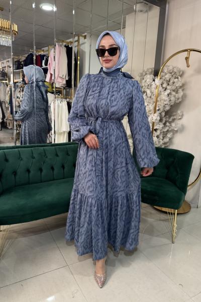 İNDİGO TURKUAZ KOMPLE DESENLİ ELBİSE Turkuaz