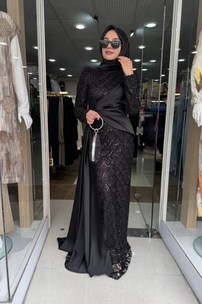 İŞLEMELİ SATEN KARIŞIMI ABİYE Siyah