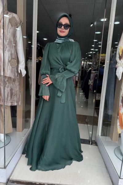 JANJAN KUMAŞ YANDAN BAĞCIKLI TANE ABİYE ELBİSE Yeşil