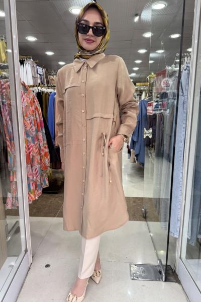 KABARTMA CİZGİLİ TUNİK Bej