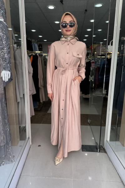 KETEN KUMAŞ GÖMLEK ELBİSE Bej