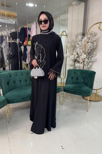 KOL UCLARI TÜĞ DETAYLI TAŞ İŞLEMELİ ELBİSE Siyah