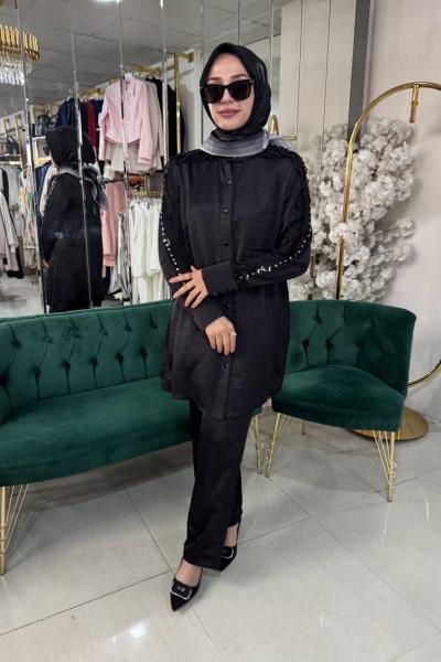 KOLLARI FIRFIR VE TAŞ DETAYLI GÖMLEK TUNİK Siyah