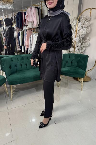 KOLLARI GÜL DETAYLI TUNİK BEL BÜZGÜLÜ GİYCIK Siyah