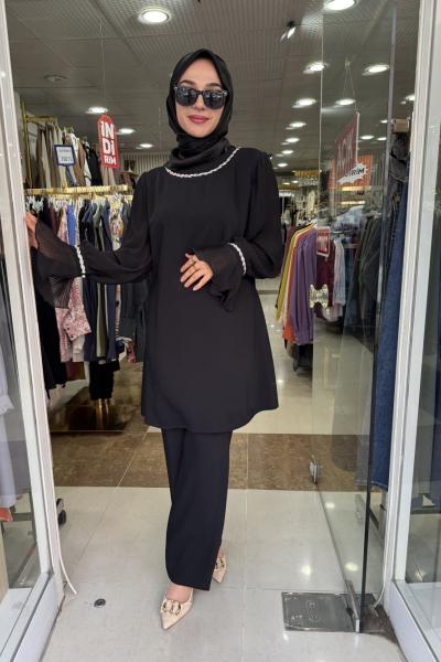 KOLU PİLİSELİ ŞIK TAKIM Siyah