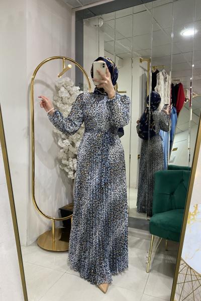 LEOPAR ŞİFON ELBİSE Mavi Ekru