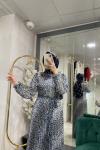 LEOPAR ŞİFON ELBİSE Mavi Ekru