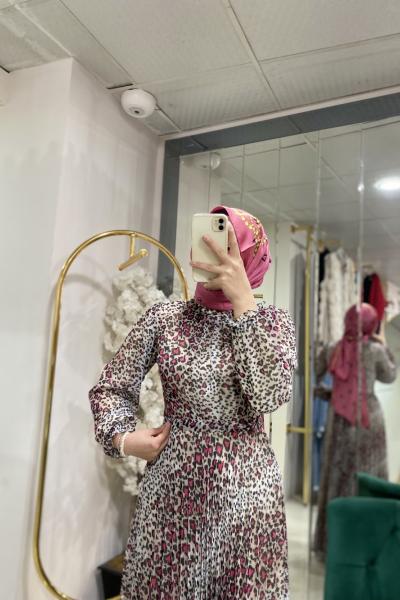 LEOPAR ŞİFON ELBİSE Pembe Kemik