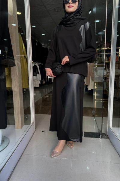 modal kumaş deri detay etekli takım Siyah