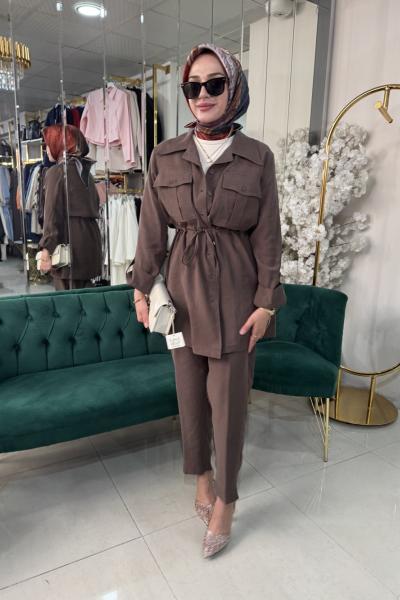 MODAL TUNİK SAFARİ TENCEL PANTOLONLU TAKIM Kahverengi