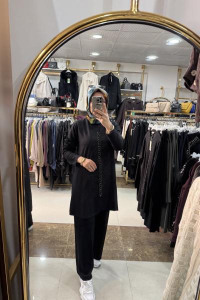 NAKIŞ DESENLİ BÜYÜK BEDEN ŞIK TAKIM Siyah