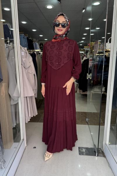 NAKIŞLI VİSKON ELBİSE Bordo