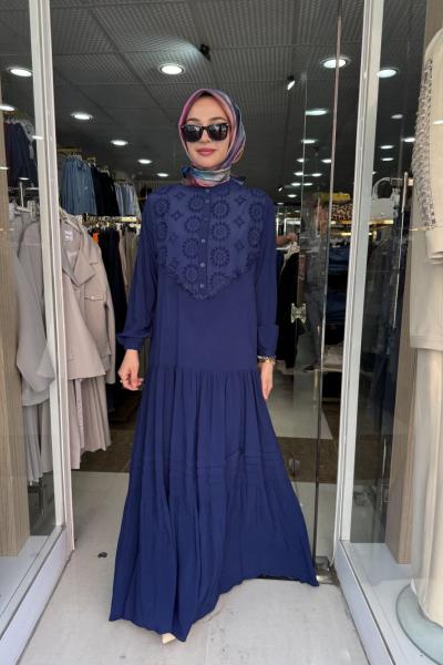 NAKIŞLI VİSKON ELBİSE Lacivert