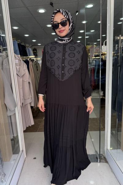 NAKIŞLI VİSKON ELBİSE Siyah