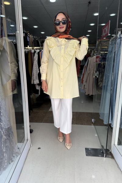 ÖNÜ TAŞLI DESENLİ GÖMLEK  Sarı