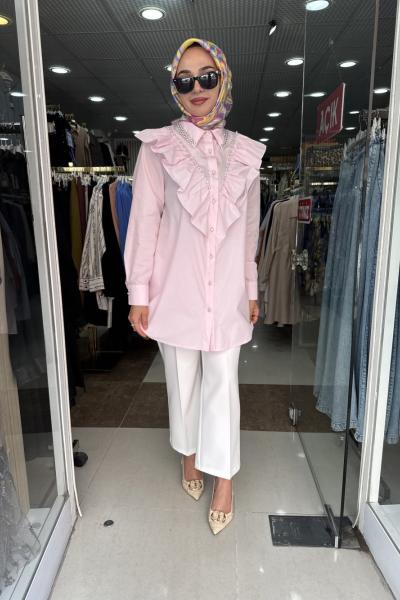 ÖNÜ TAŞLI DESENLİ GÖMLEK  Pembe
