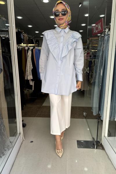 ÖNÜ TAŞLI DESENLİ GÖMLEK  Mavi