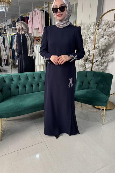 PAPATYA DETAYLI ABİYE ELBİSE Lacivert