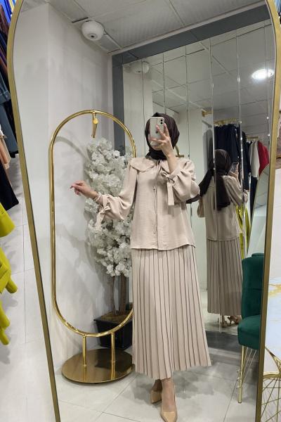 Piliseli Etekli Takım Bej