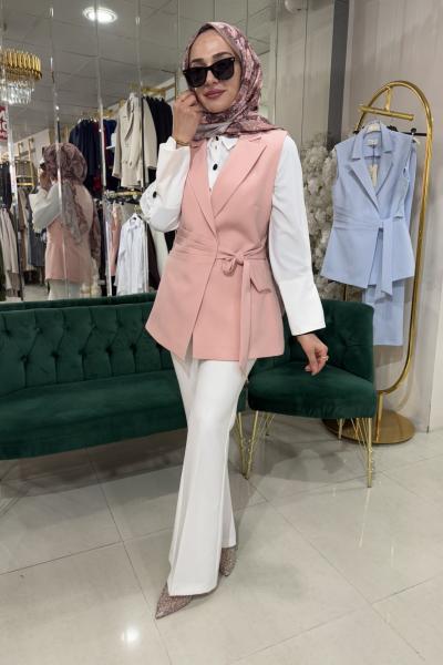 PUDRA RENK YELEK BAĞLAMA DETAYLI Pudra