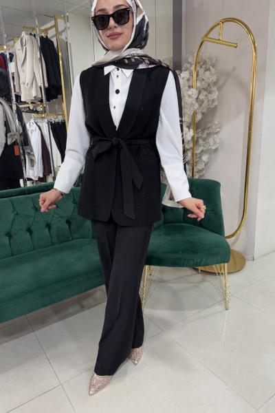 PULLU YELEKLİ TAKIM Siyah