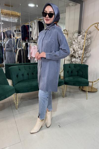 QUPRA ÇİZGİLİ TAŞ DETAYLI TUNİK Mavi