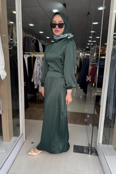 TANE ELBİSE YANDAN BAĞCIKLI SATEN ELBİSE Yeşil