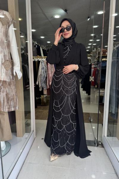 TANE ELBİSE BONCUK VE ŞİFON DETAYLI ELBİSE Siyah