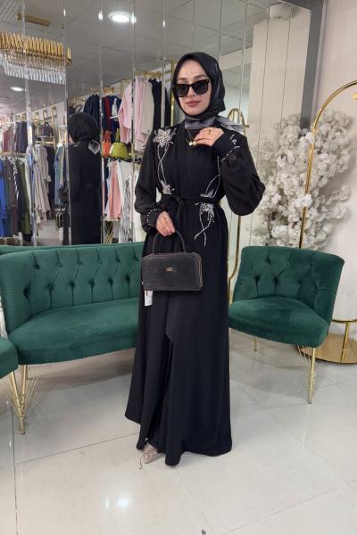 TAŞ BASKILI HAKİM YAKA ŞİFON ABAYA Siyah