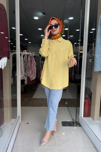 TAŞ DETAYLI GÖMLEK OLİVE