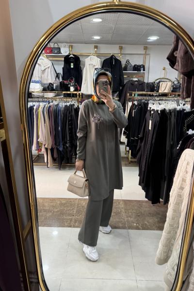 TAŞ İŞLEMELİ BÜYÜK BEDEN PANTOLONLU TAKIM Haki