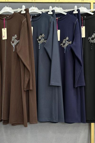 TAŞ İŞLEMELİ BÜYÜK BEDEN PANTOLONLU TAKIM Siyah