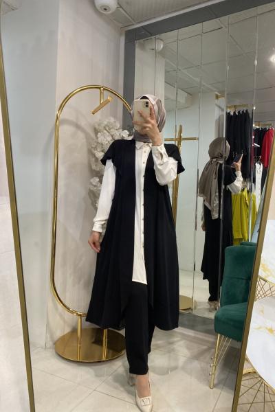 TIRNAK KOL 3lü YELEKLİ TUNİK PANTOLONLU TAKIM Siyah