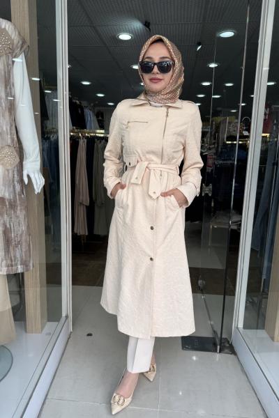 YAKASI FERMUARLI TRENÇ Bej