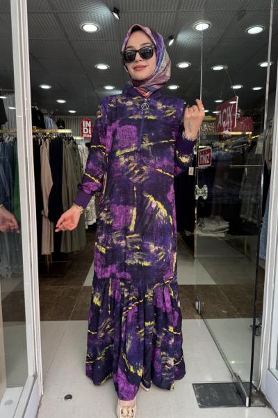 YAKASI FERMUARLI VİSKON ELBİSE Mor