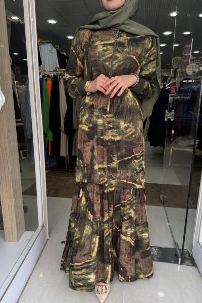 YAKASI FERMUARLI VİSKON ELBİSE Haki