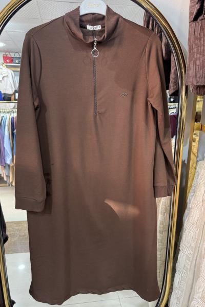 YAKASI FERMUARLI UZUN PENYE TUNİK Acı Kahve