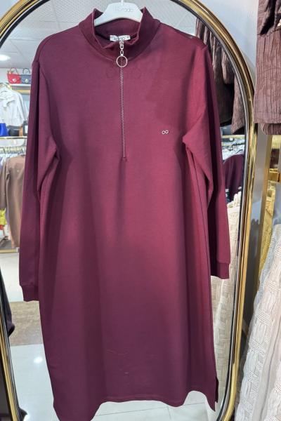 YAKASI FERMUARLI UZUN PENYE TUNİK Bordo