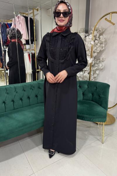 Yakası güpür ve taşlı elbise Siyah