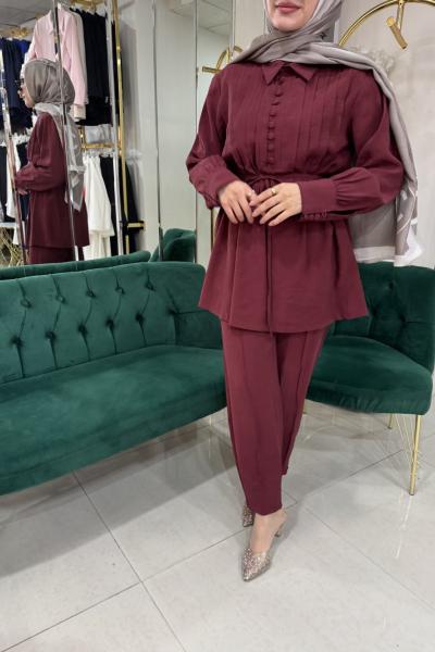 YAKASI PLİSELİ PANTOLONLU TAKIM Bordo