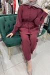 YAKASI PLİSELİ PANTOLONLU TAKIM Bordo